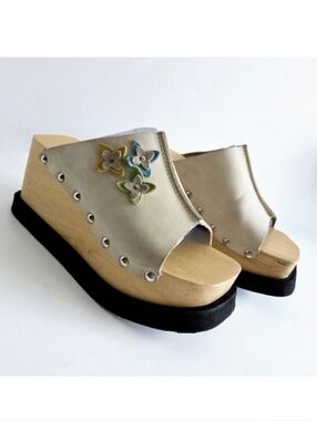 Thick Wood Platforms With Flower, Soft Floppy Leather Uppers & Silver Studs 7.5
